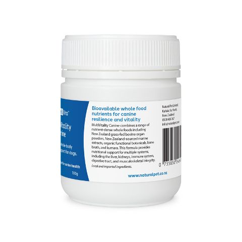 Right label view of CellVra MultiVitality Canine daily dog supplement