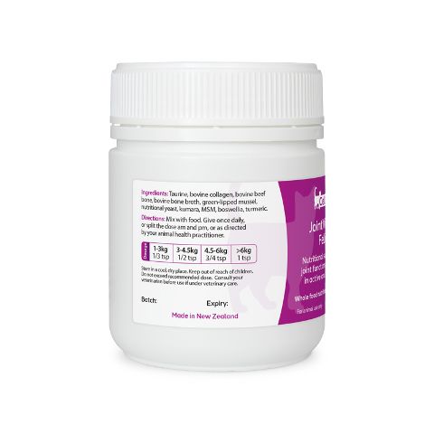 Left label view of CellVra JointVitality Feline showing ingredients and dosage