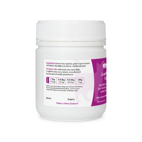 Left label view of CellVra LiverVitality Feline showing ingredients and dosage